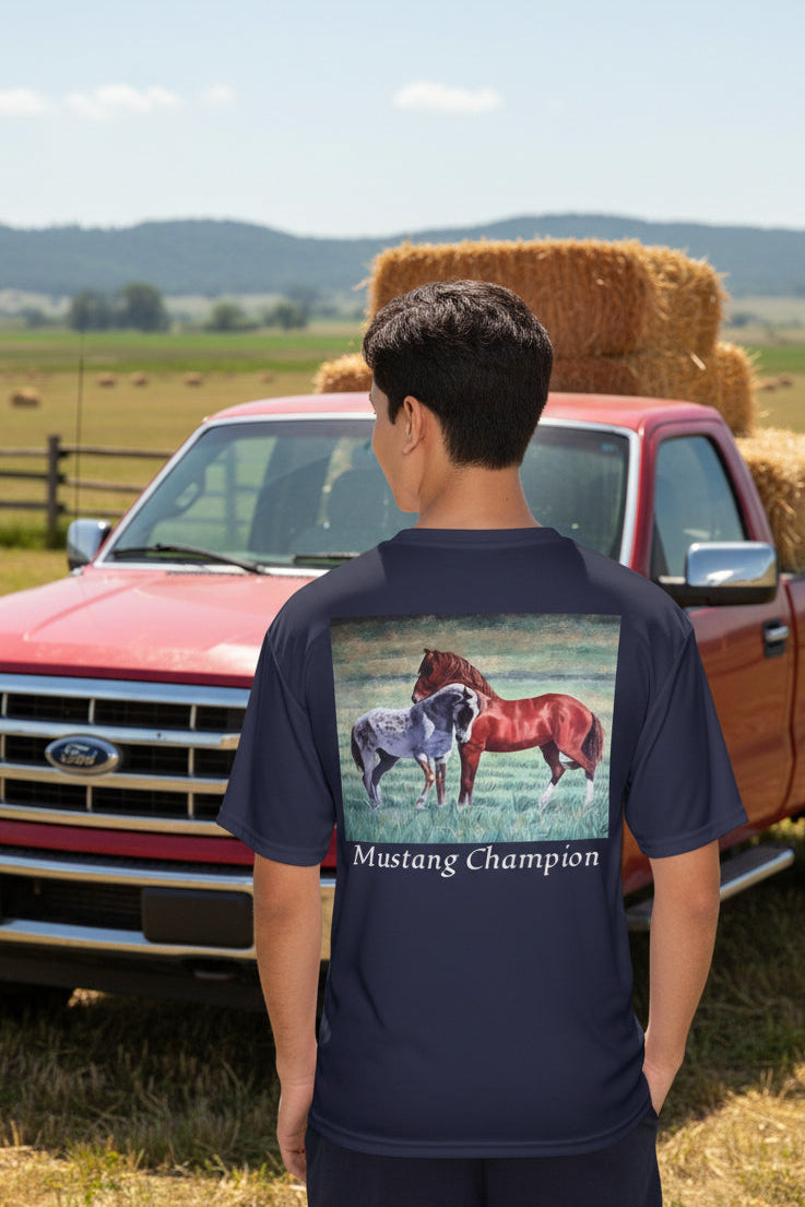 Men's navy blue t-shirt with a large  print of mustangs on the back and the text 'Mustang Champion' printed below the artwork on moisture-wicking 100% polyester material.