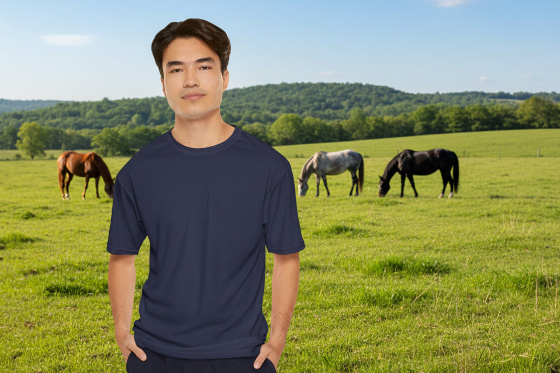 Performance navy blue t-shirt makes you look great while staying strong, durable and comfortable. S-3XL