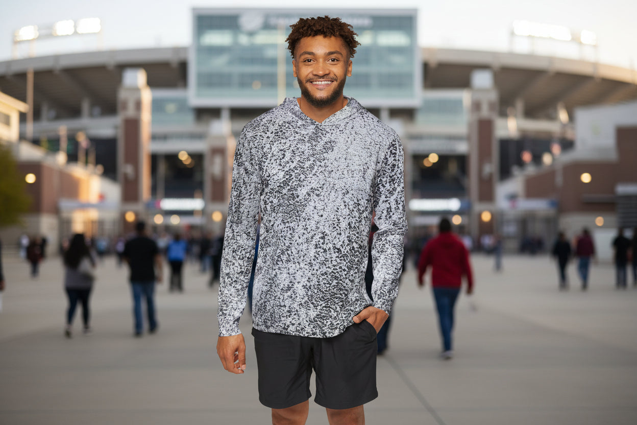 Man wearing an abstract hoodie warm up 