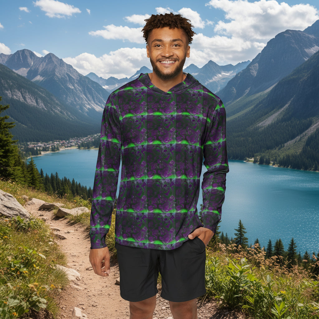 Man wearing a purple and green patterned hoodie on 
