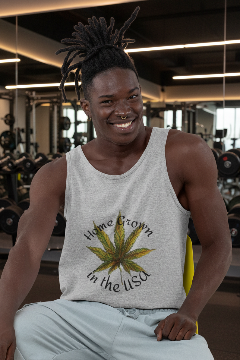 Men's sport gray tank top with a green and yellow cannabis leaf graphic and the text 'Home Grown in the USA'