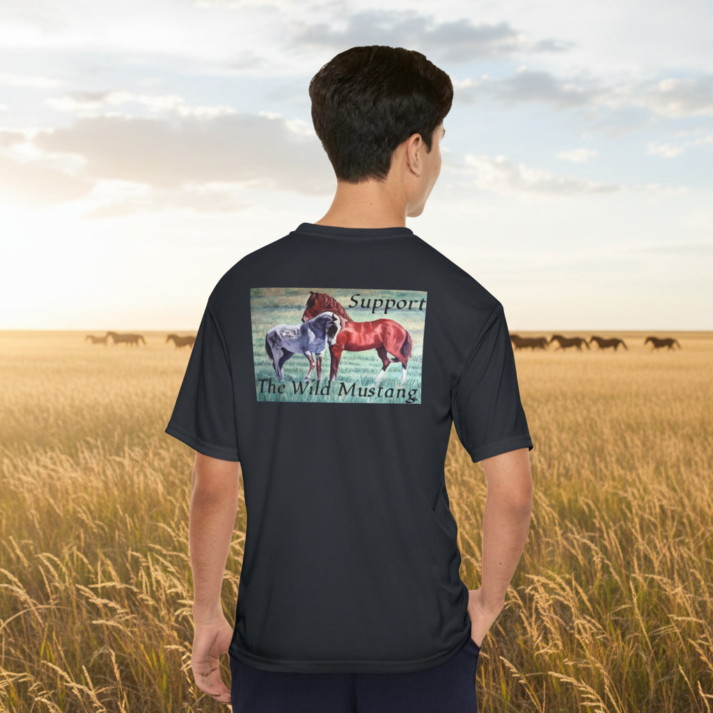 A man shown from the back wearing a black short-sleeve t-shirt with a graphic print on the back featuring two wild mustangs and the text 'Support The Wild Mustang'.