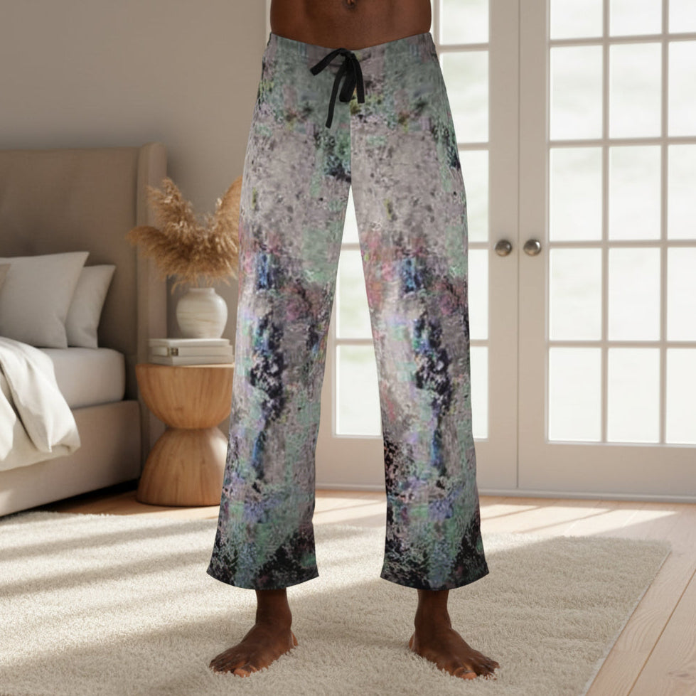 Men's lounge pants with an abstract multicolor print in shades of gray, blue, purple, and black offers a great relaxed fit.