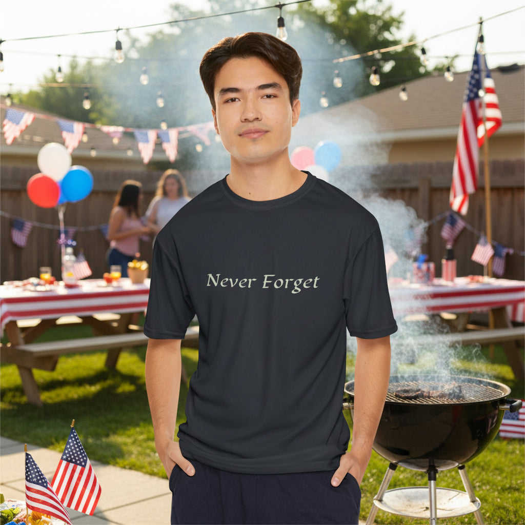 Relaxed, super comfortable men's t-shirt in black with 'Never Forget' text on front moves easily with you. 4 colors, S-3XL