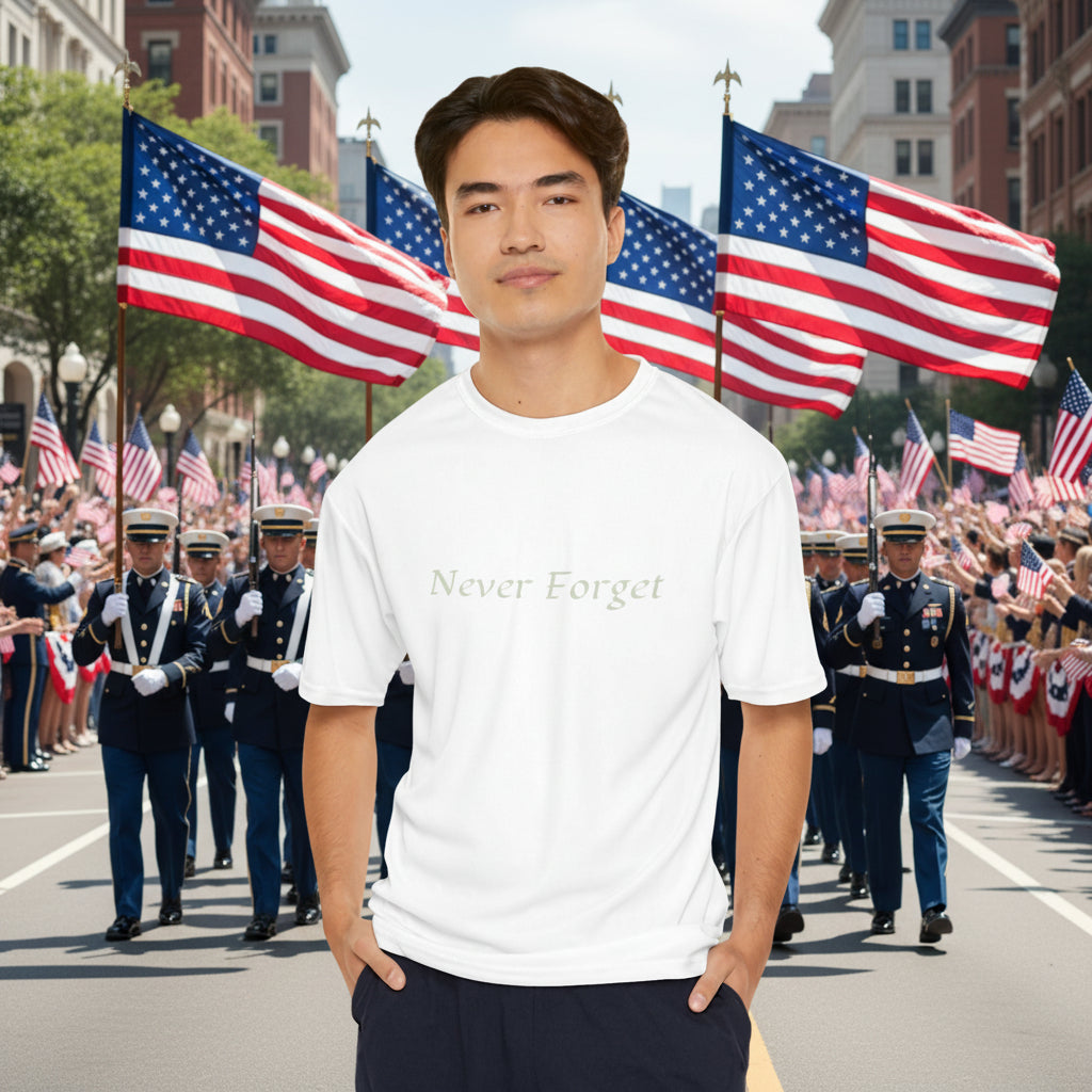 Men's white t-shirt with 'Never Forget' text honors servicemen while giving relaxed comfort in moisture-wicking 100% polyester. S-3XL