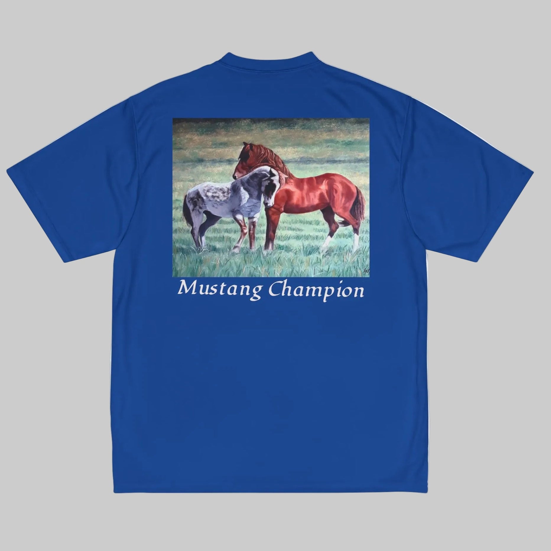 Men's royal blue short-sleeve t-shirt shown from the back, featuring a print  Wild Mustangs horse lovers will love.