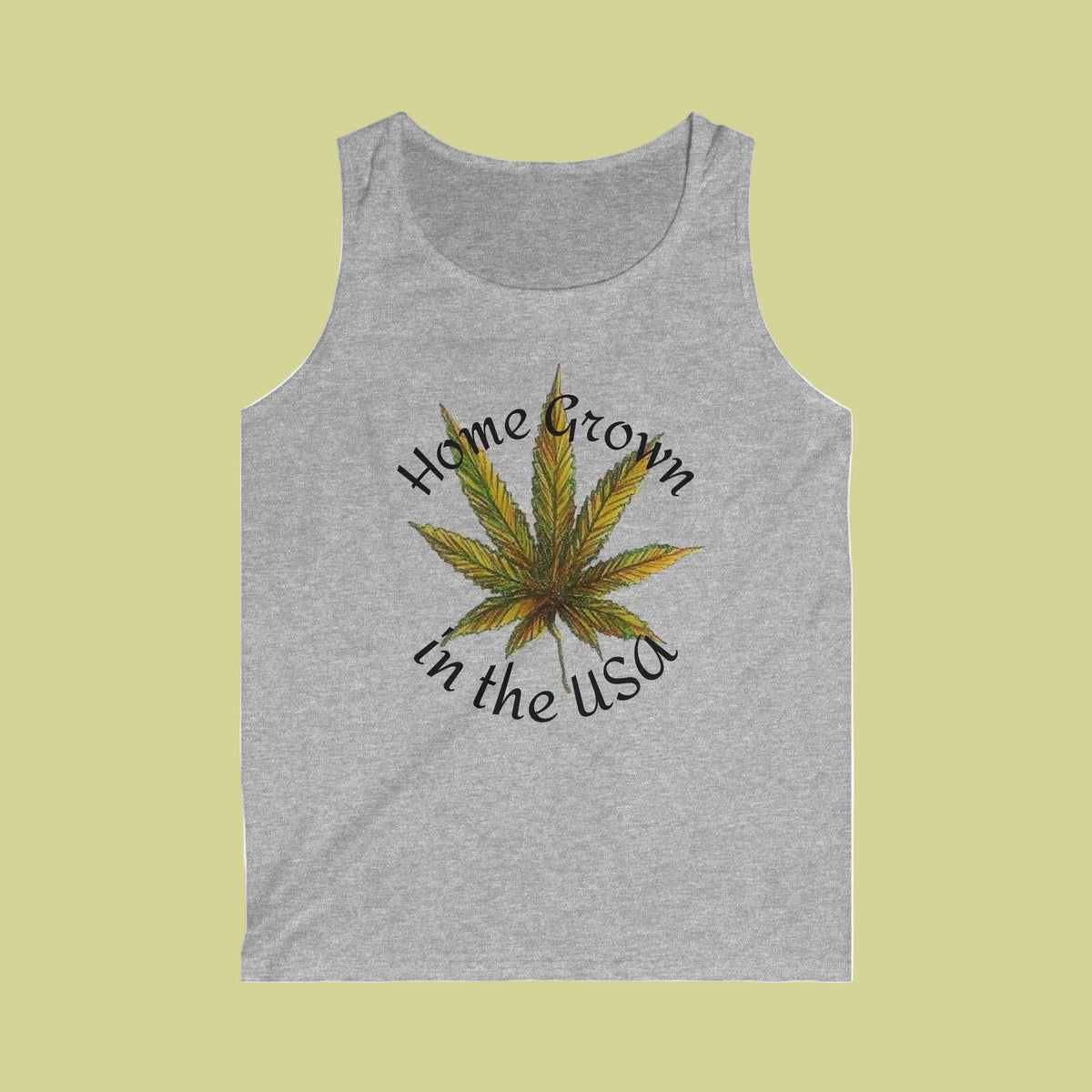 A sport gray sleeveless tank top featuring a graphic of a green and yellow cannabis leaf with the text 'Home Grown in the USA' printed around it