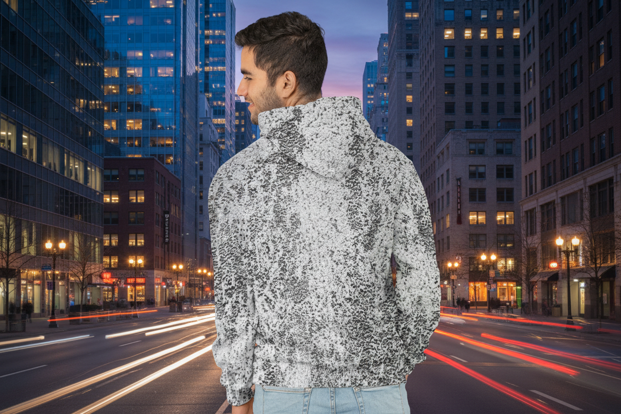 man wearing a gray and white abstract design hoodie 