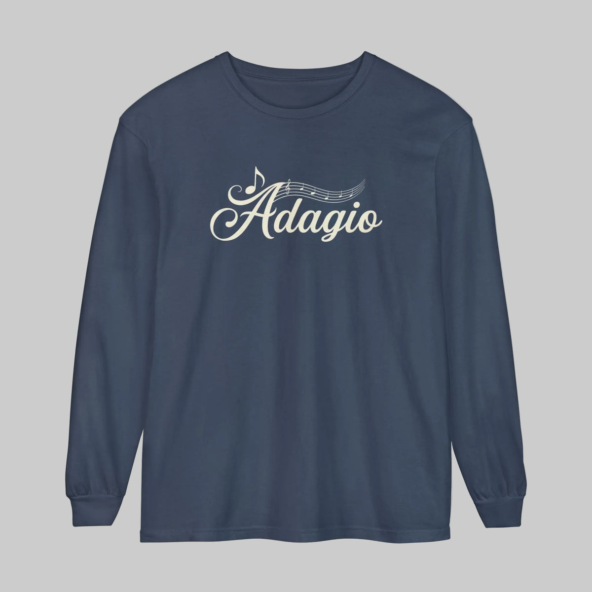 Adagio script message on midnight Tee calls to musicians and music lovers