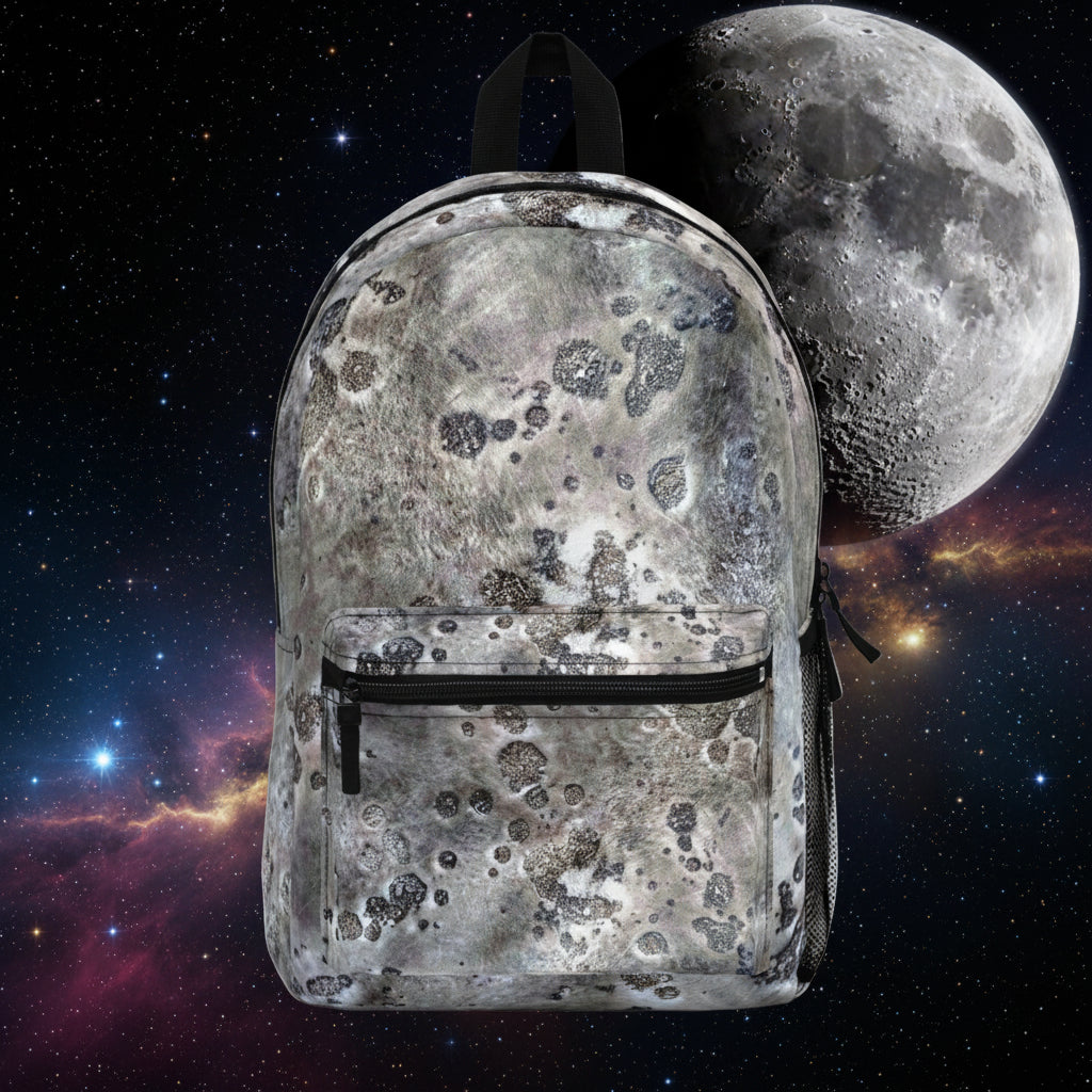 Backpack with a gray and black abstract  pattern on a white background
