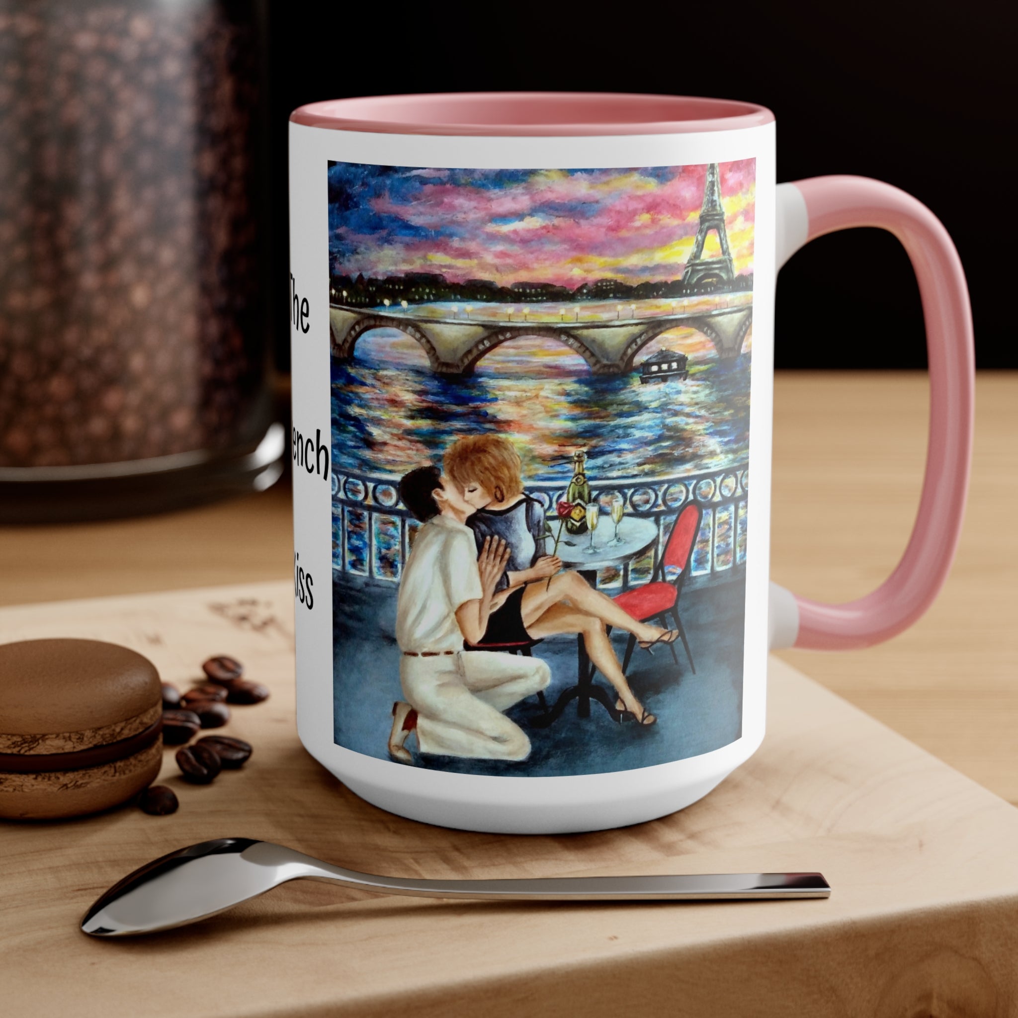 Mug 15 oz.  with artist painting of a romantic couple in a Parisian scene in 11 or 15 oz. size