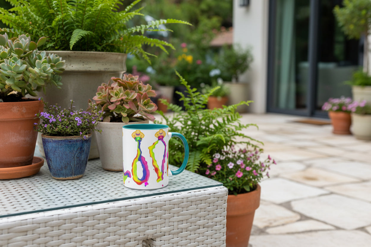 Mug with colorful abstract LOVE design with green accents