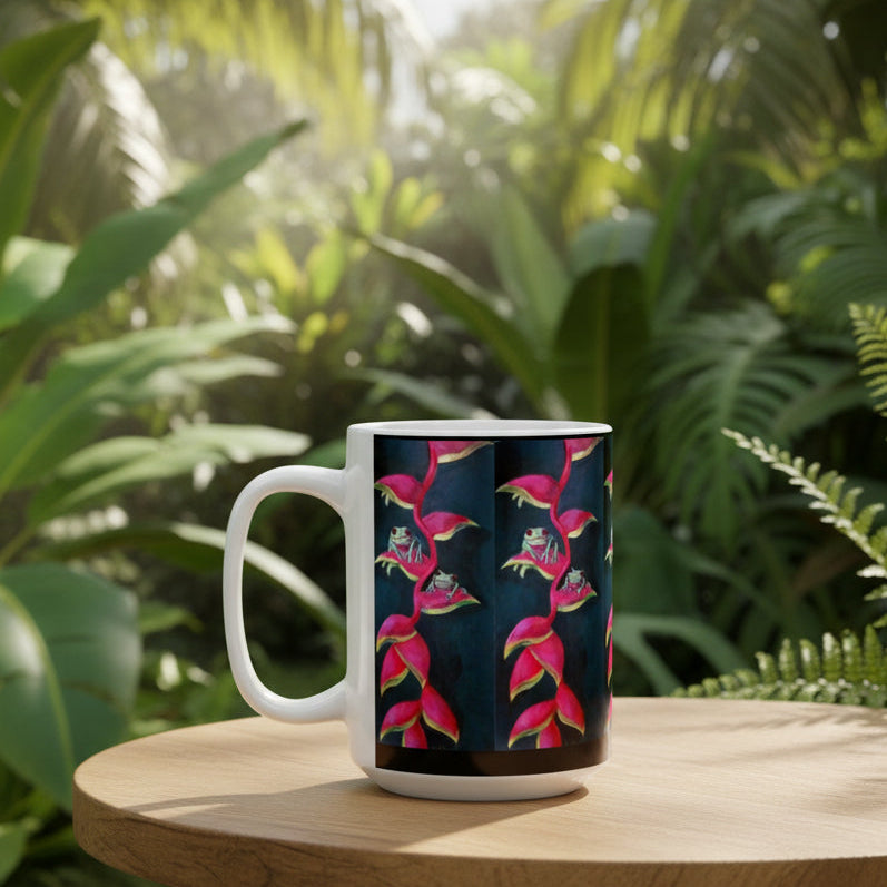 Mug with painted vibrant pink tropical design on a black background