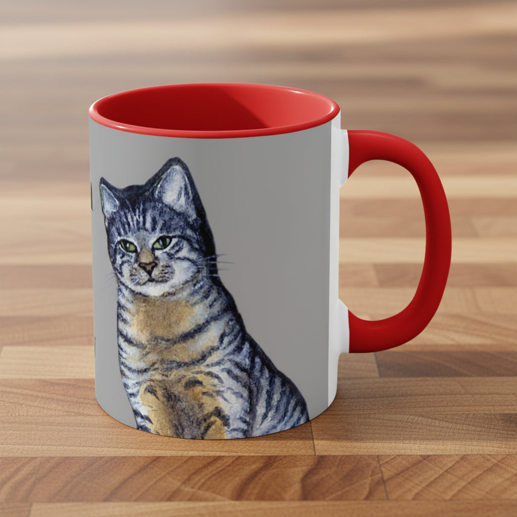 Mug with a tabby cats design on a gray background