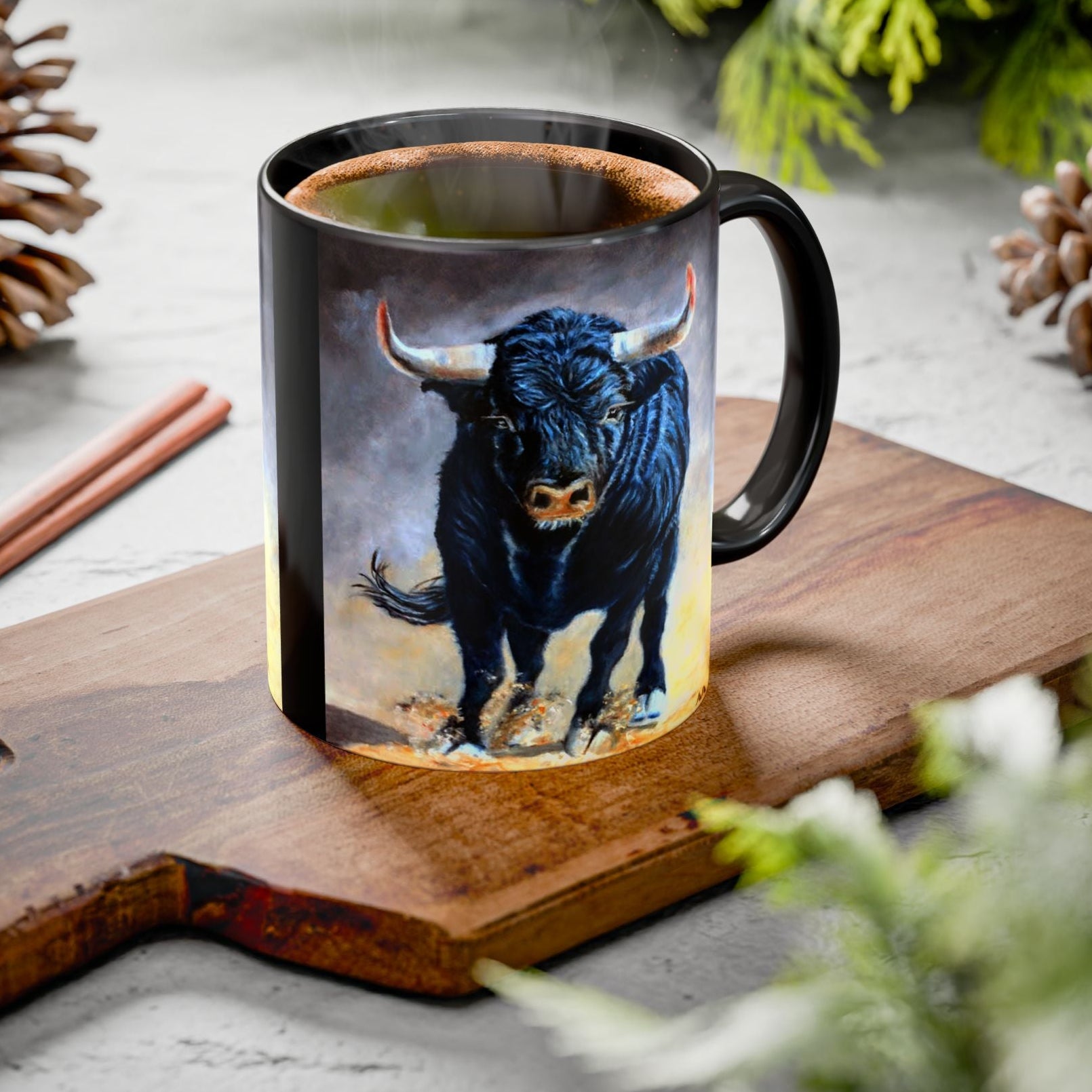 Mug - artist painted charging bull for the Bullish Drinker 11oz and 15 oz