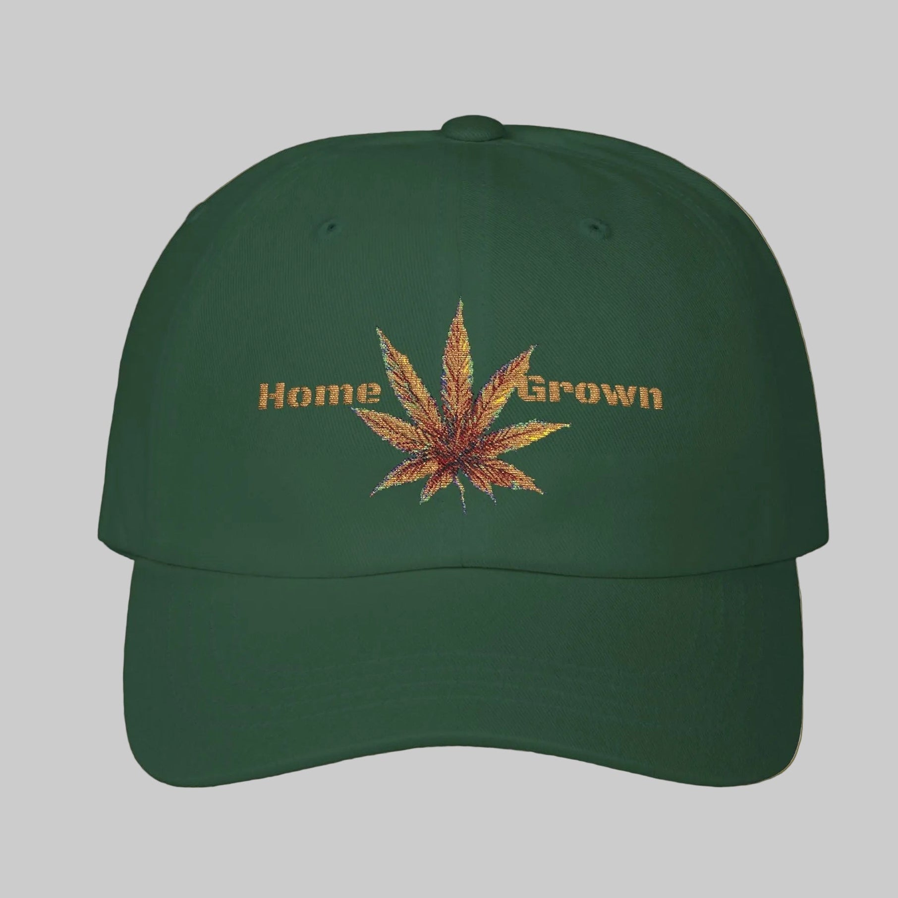 Green dad's cap with a cannabis leaf and 'Home Grown' text 
