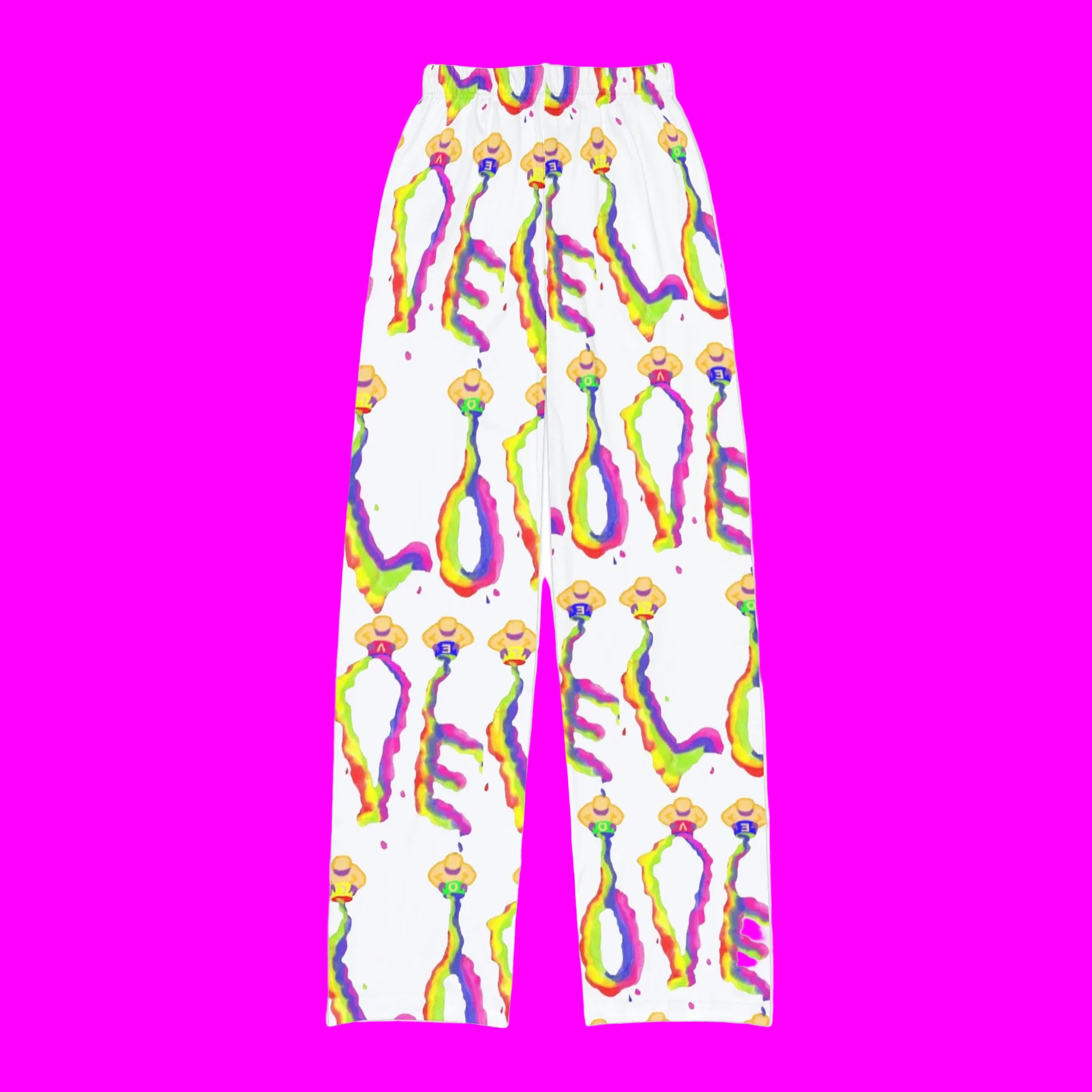 Colorful patterned kids pajamas says it with LOVE on a pink background