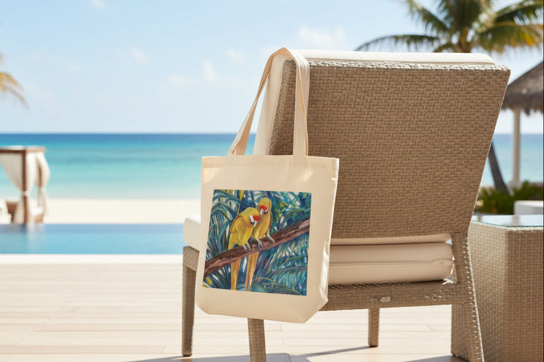 100% Cotton Canvas Organic Roomy Tote Bag with a design of  hand painted parrots 