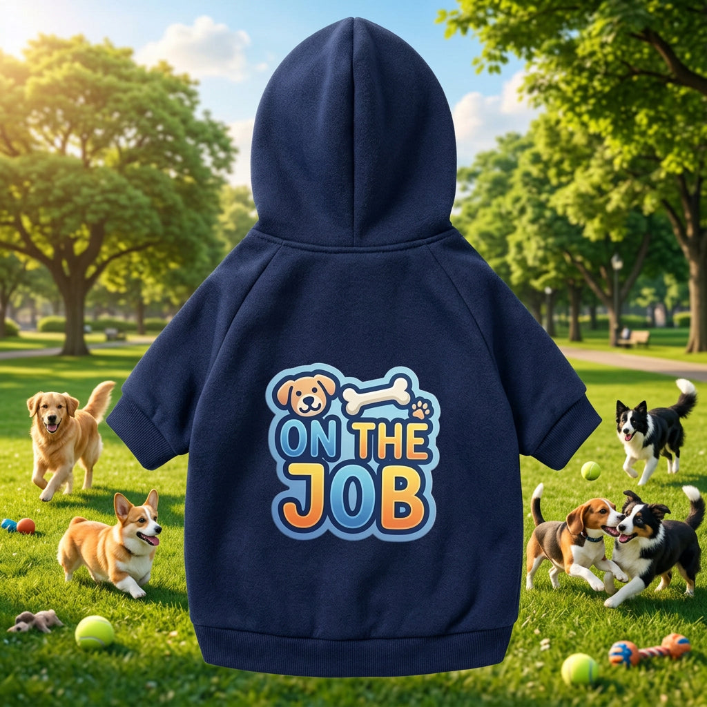 Pet Hoodie in Navy, Pink and Grey Pullover with Fun text on back: On the JOB