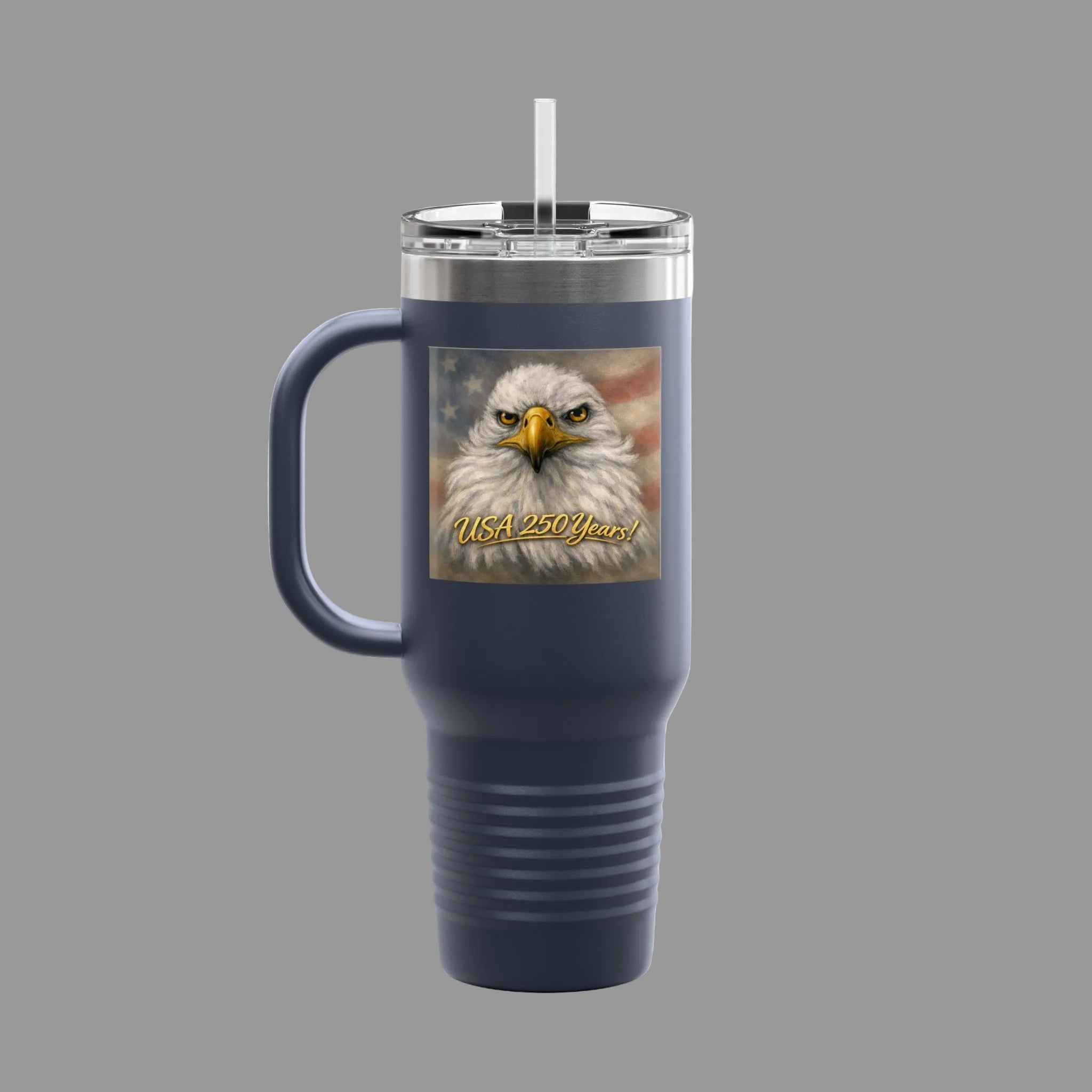 Navy blue travel mug with an eagle design and 'USA 250 Years!' text 