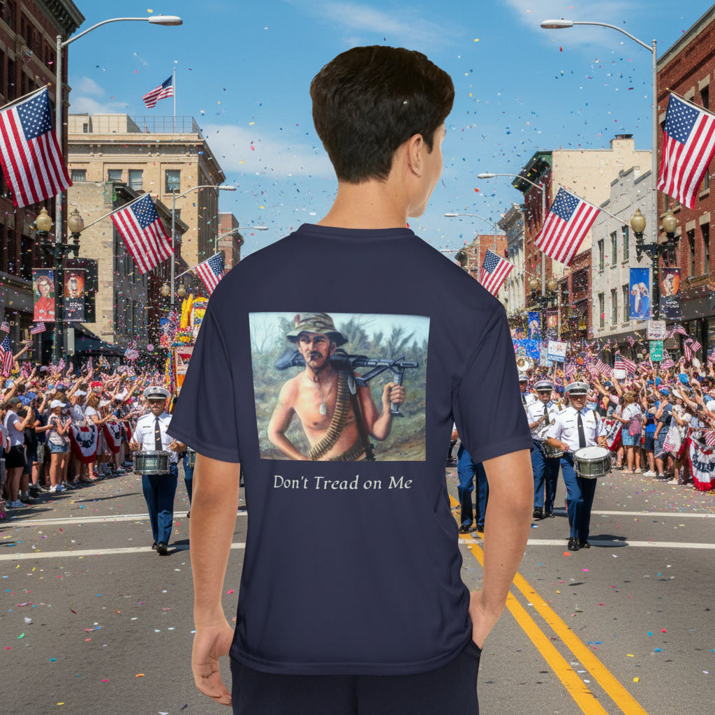 Men's  navy t-shirt with a soldier graphic and text 'Don't Tread on Me' honors veterans while giving relaxed, comfortable fit. S-3XL