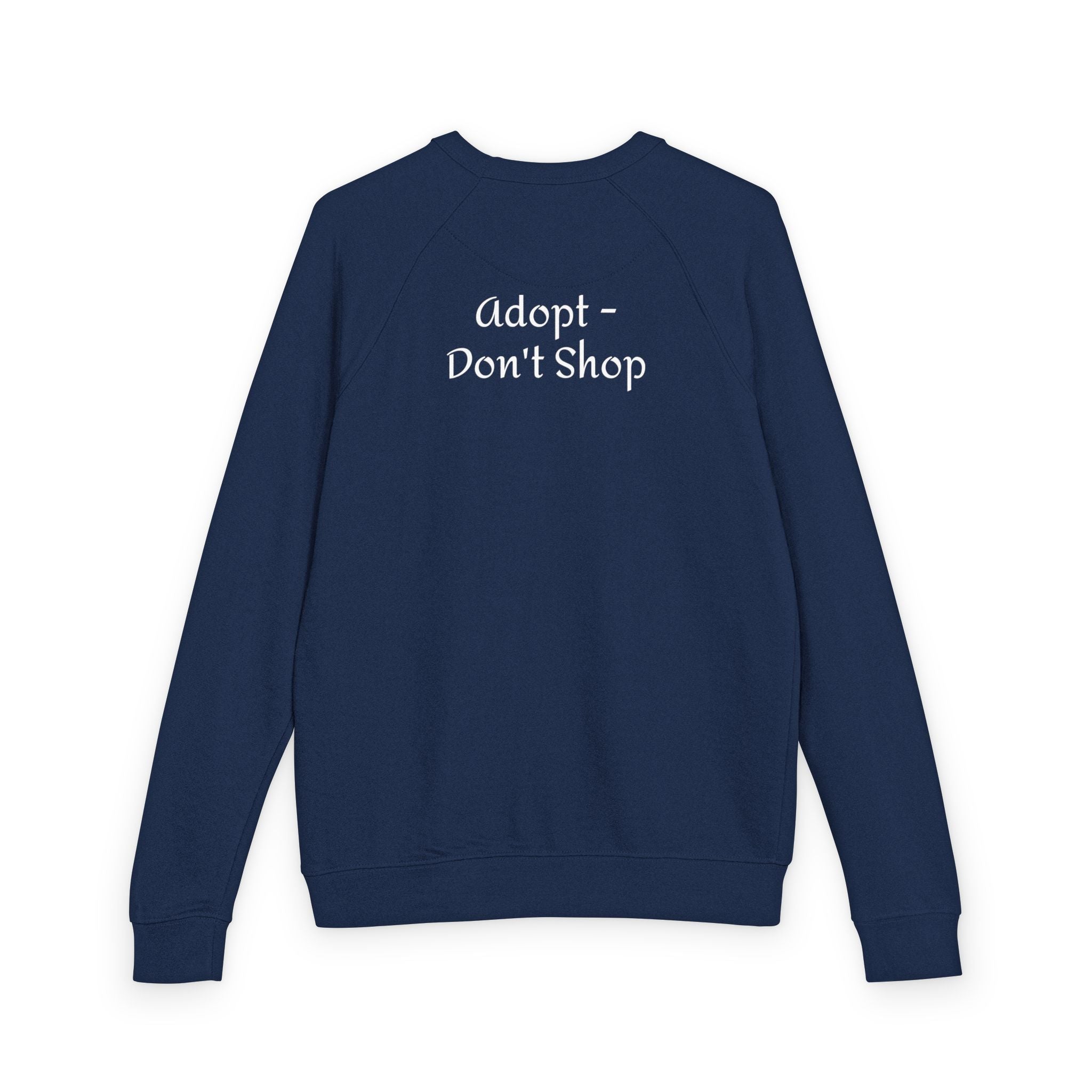 Navy blue shirt with 'Adopt - Don't Shop' text on the back