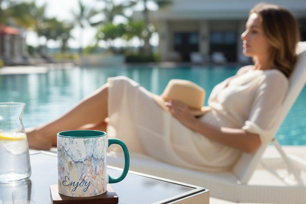 11 oz Mug with beach foam and shells pattern and 'Enjoy' and 'Relax' text with teal accents