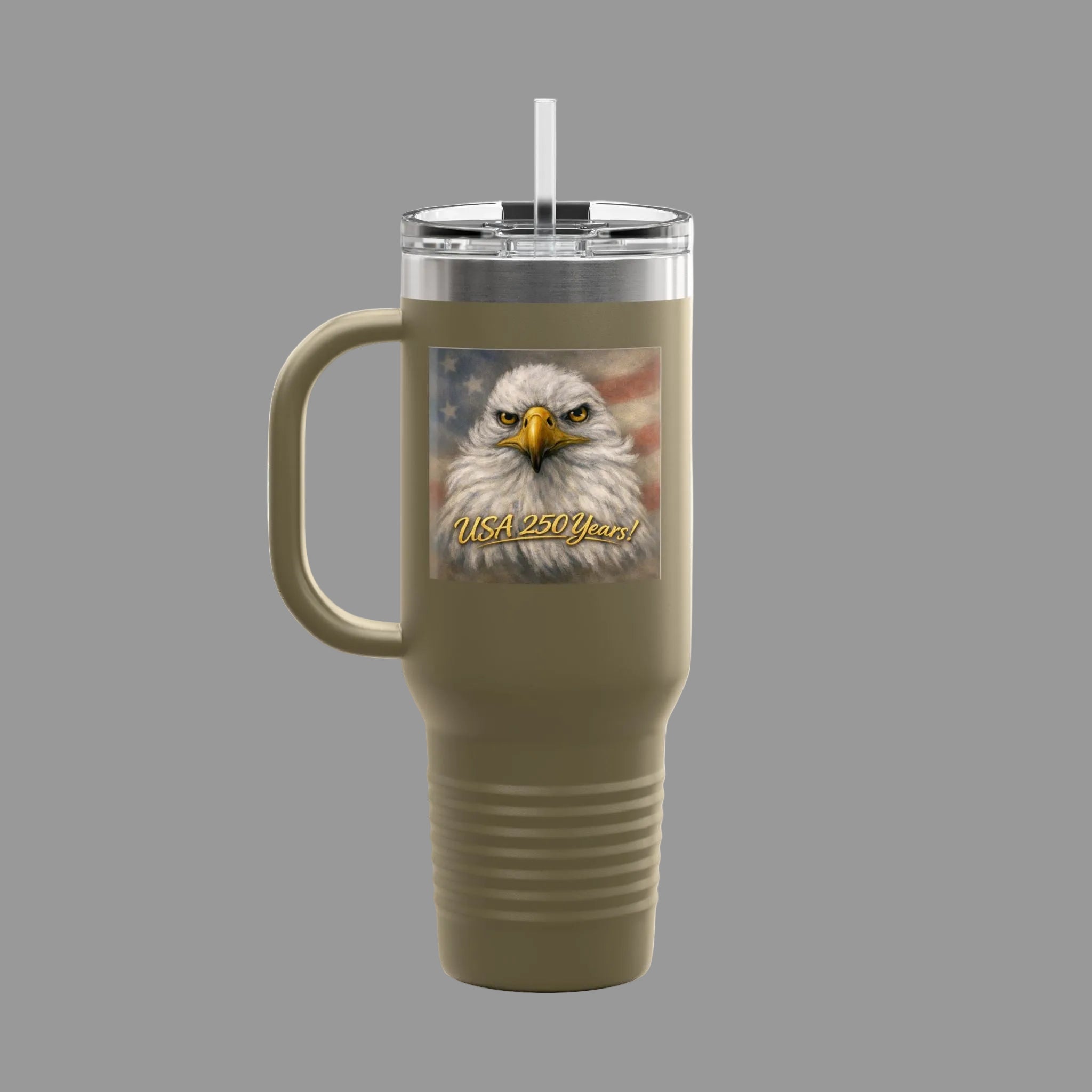 Olive Green Travel mug with an eagle painting and 'USA 250th' text 