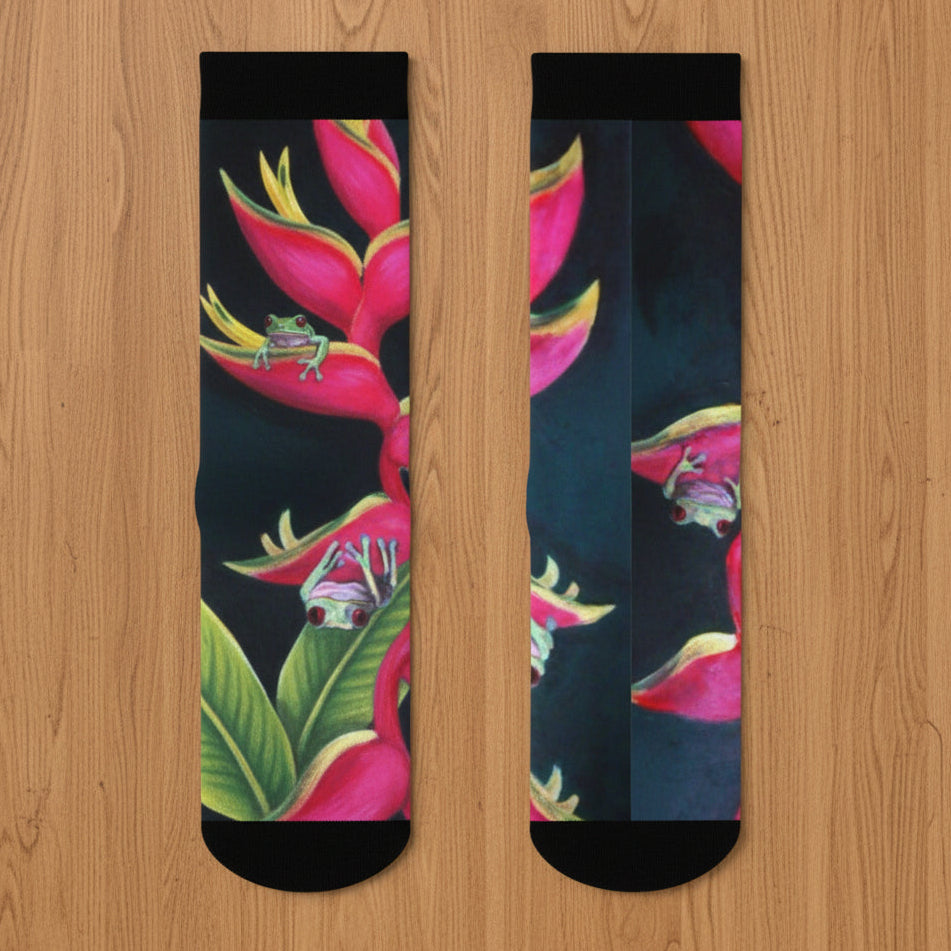 Fun Colorful  3/4 crew socks with frog and floral design for men and women