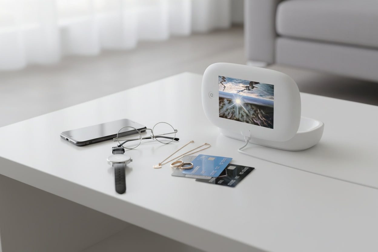 open view of sanitizer / wireless charger for everyday essentials, phones, eye glasses, cards, jewelry, etc.
