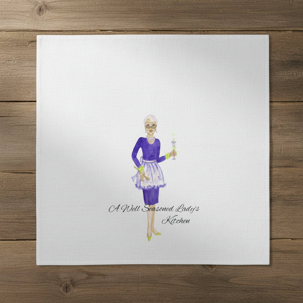 Large Kitchen Towel Illustration of  'A Well Seasoned Lady's Kitchen' in 100% Cotton