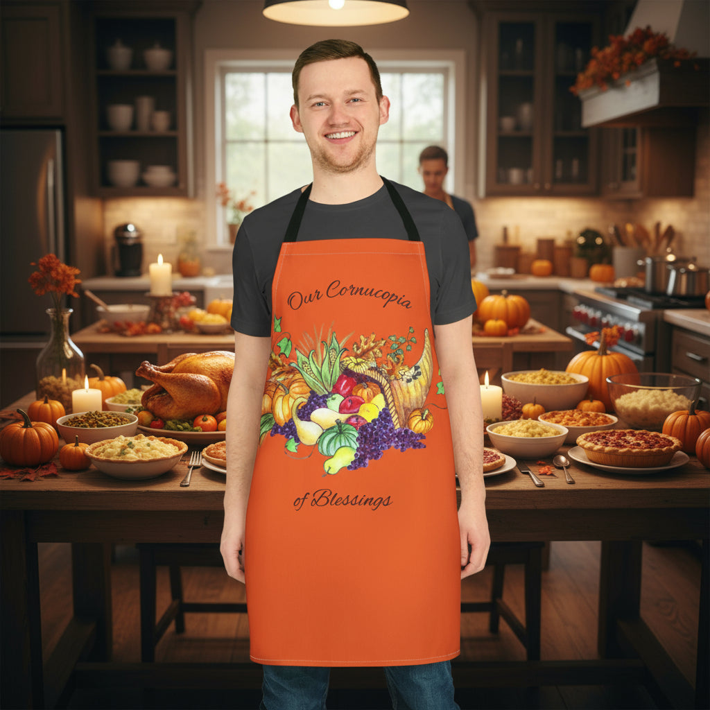 Orange apron with a colorful cornucopia and text for the Holidays or any day