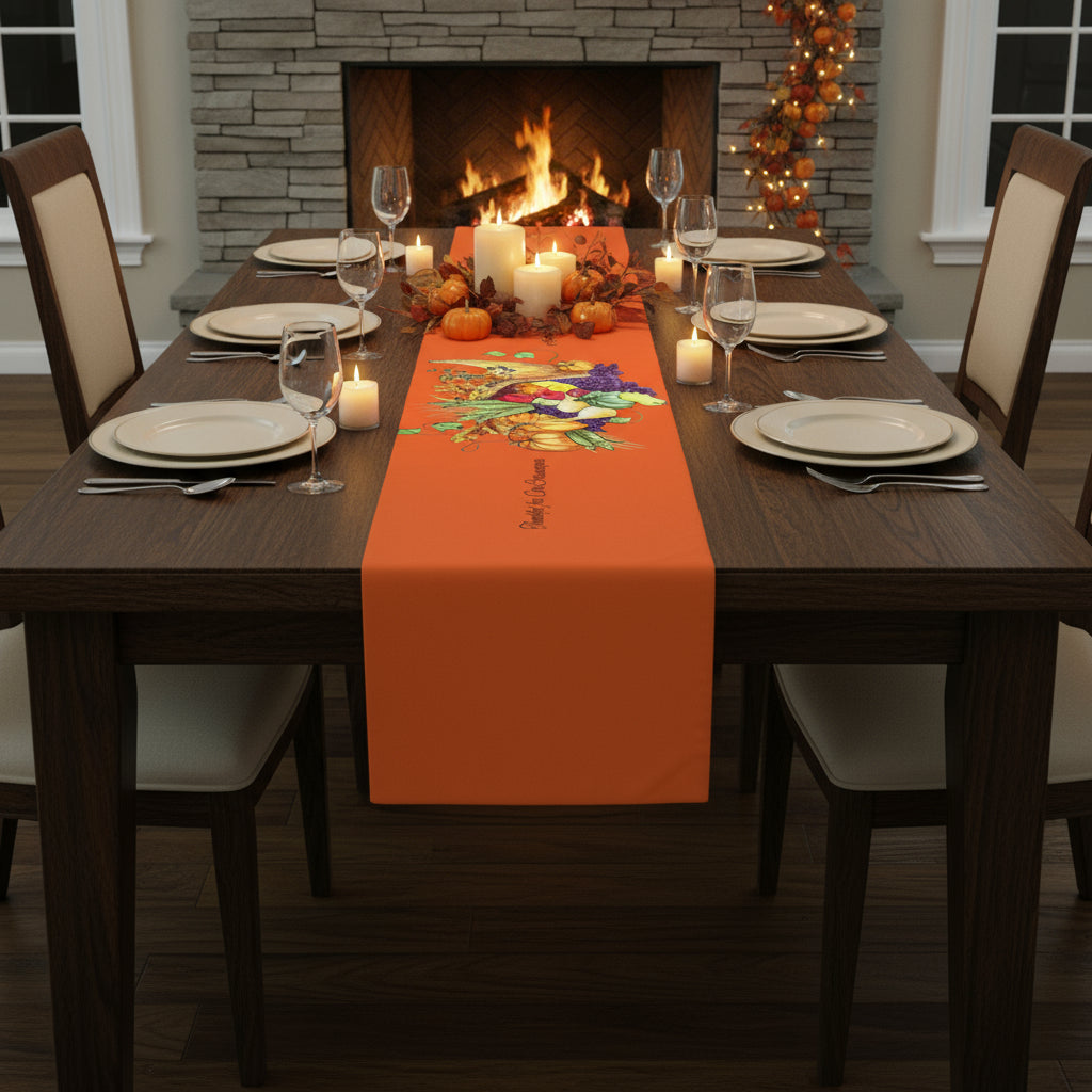 Orange table runner with vivid,  colorful autumn-themed design in cotton twill and polyester - 2 sizes