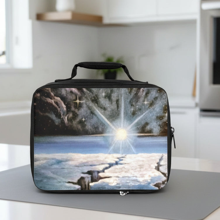 Space-themed design featuring a planet and stars sparks the imagination. Great lunch bag for kids and gifts.