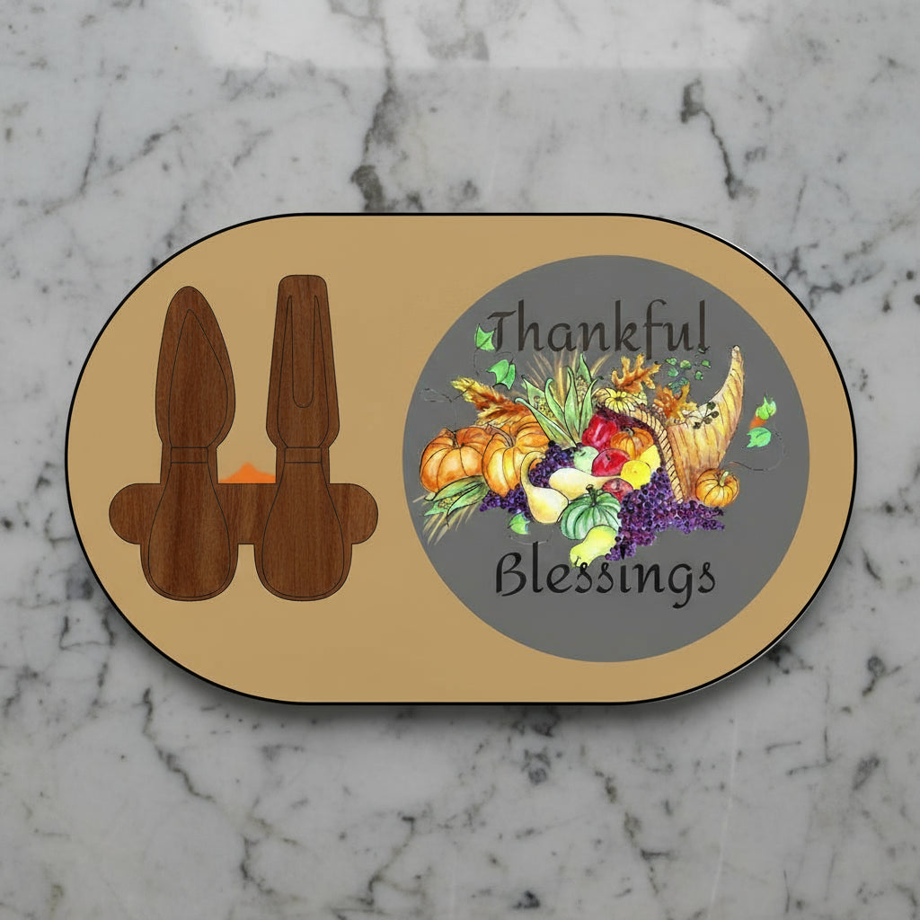 Oval charcuterie board with cutout for utensils, Painted Cornucopia and 'Thankful Blessings' design 