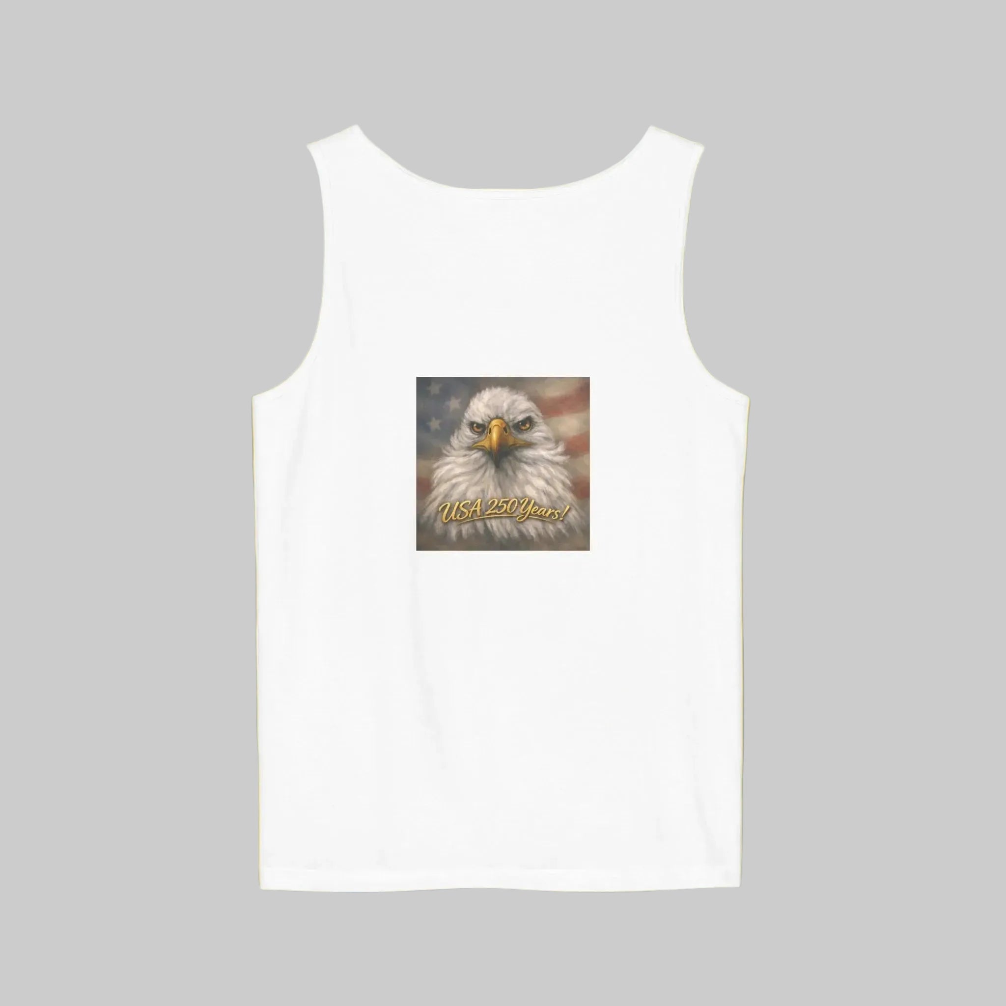 White BACK of tank top with a bald eagle painting