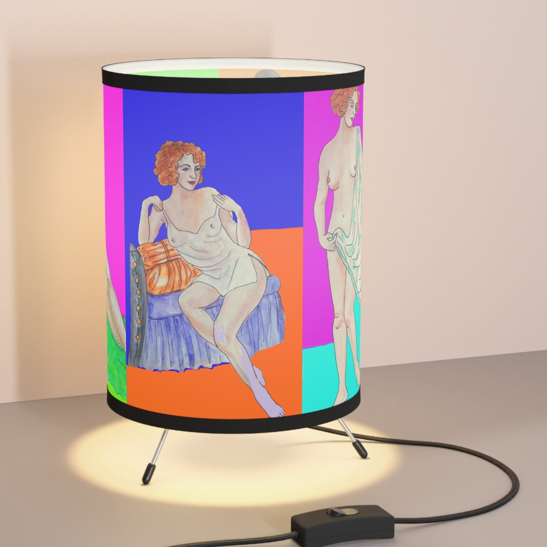 Table lamp with a colorful design featuring Art Deco Semi-Nude Divas