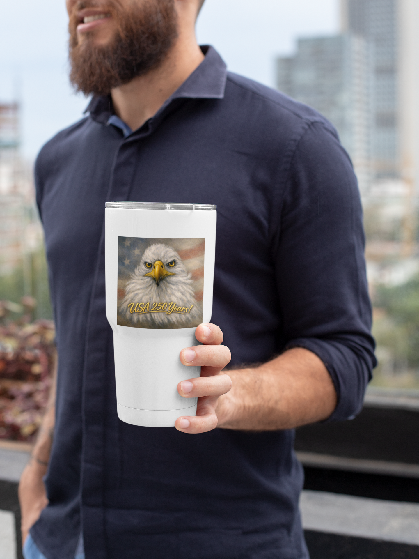 40 oz. traveler's mug features an American Bald Eagle on two sides