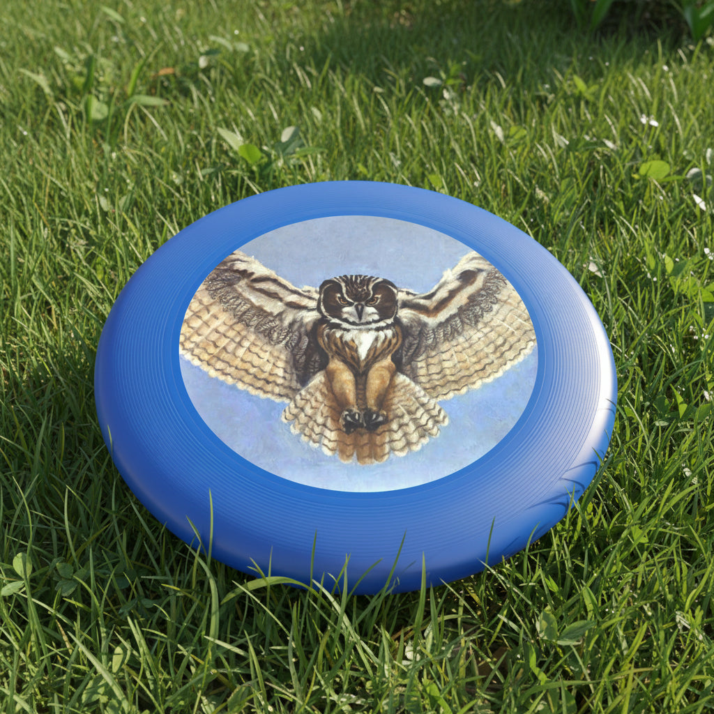 Blue frisbee with a painted flying owl 