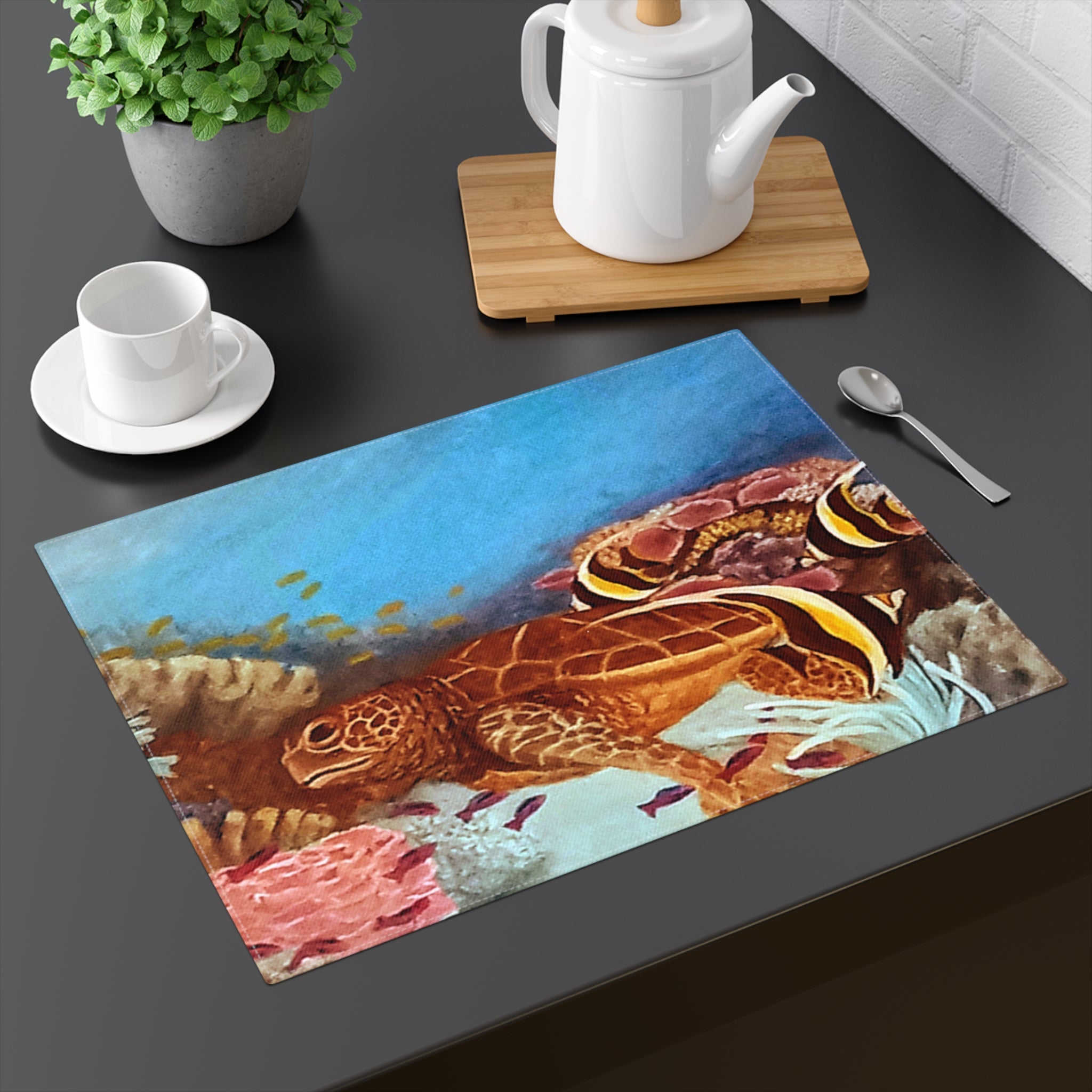 Placemat with painted sea turtle and underwater scene - double construction 100% Cotton Twill