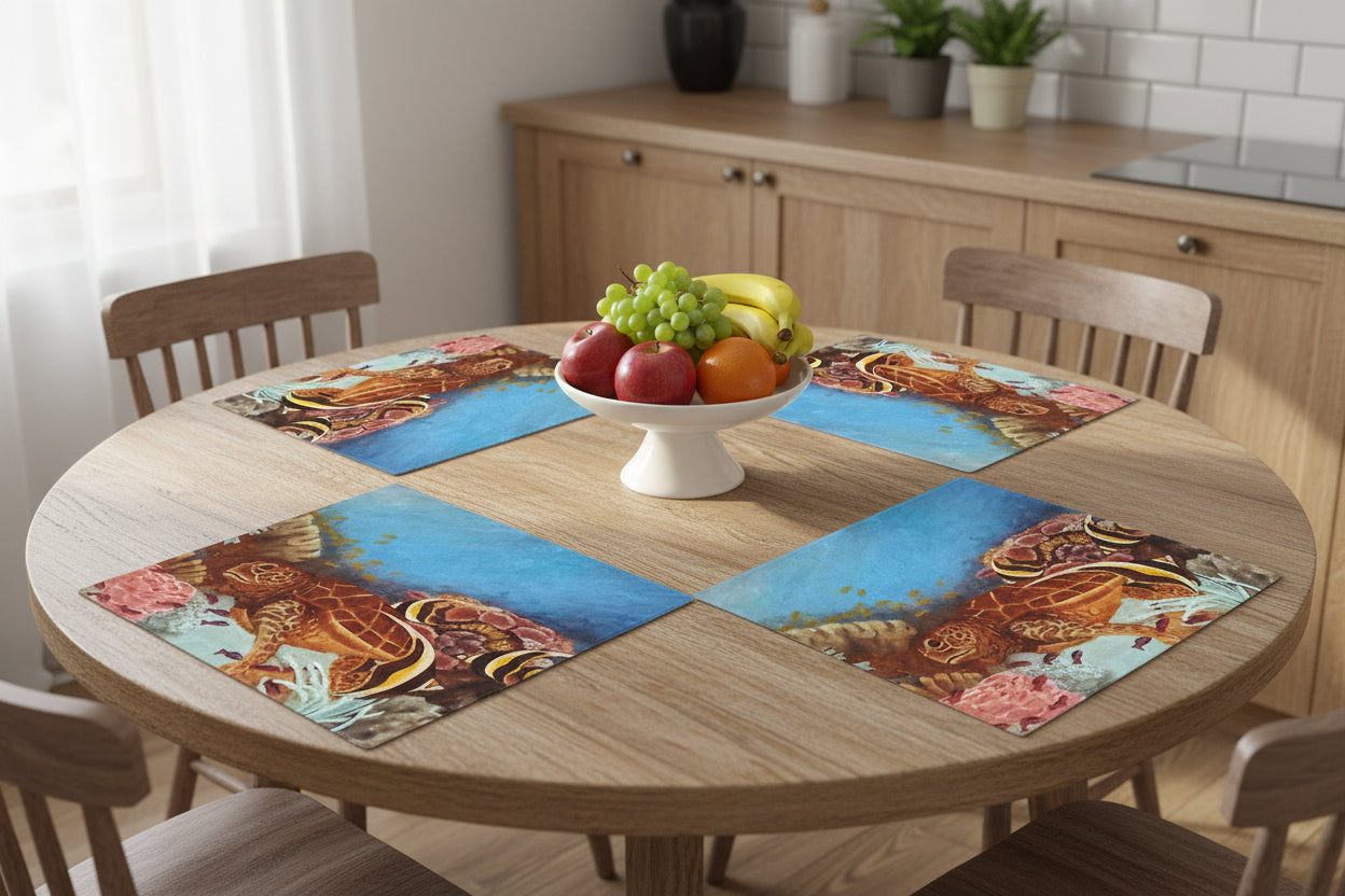Placemat of artistic painted sea turtle on coral reef with fish 18" x 14" - double construction