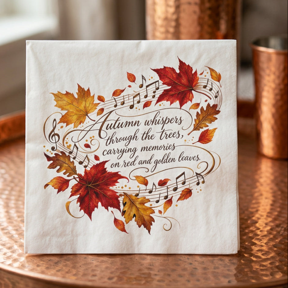 A square white art print on paper napkin featuring an autumn-themed design with red, orange, and yellow leaves, musical notes, and flowing script text that reads, 'Autumn whispers through the trees, carrying memories on red and golden leaves.'.