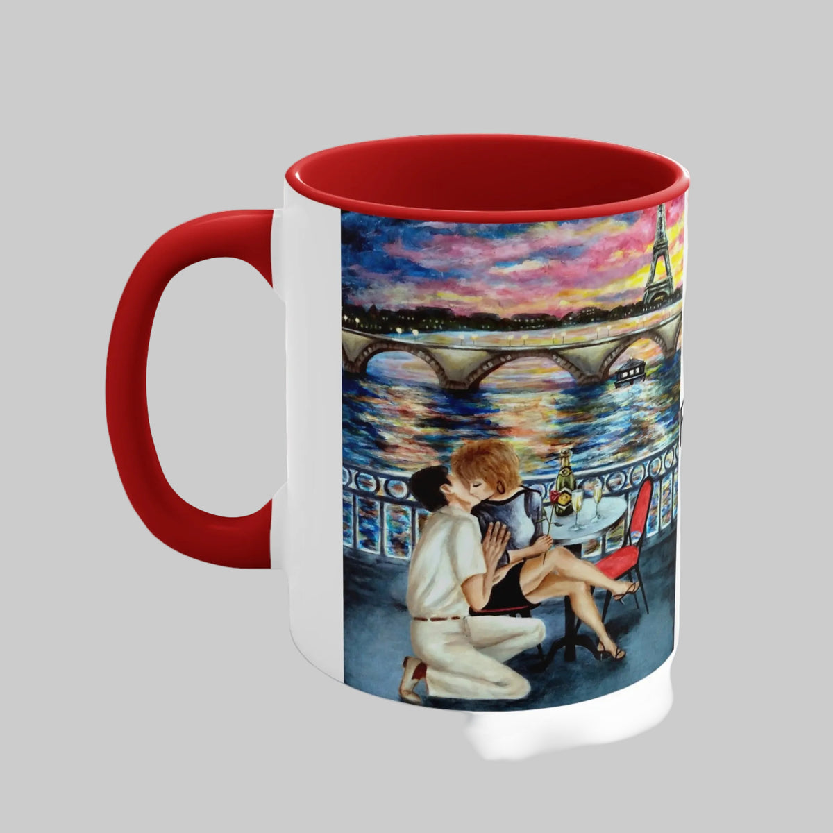 Mug with a romantic scene of a couple by the Eiffel Tower at sunset 11oz and 15 oz - 3 accent colors