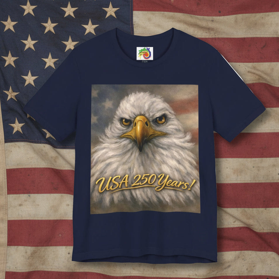 Navy blue t-shirt with an eagle graphic and 'USA 250 Years!' text on an American flag background