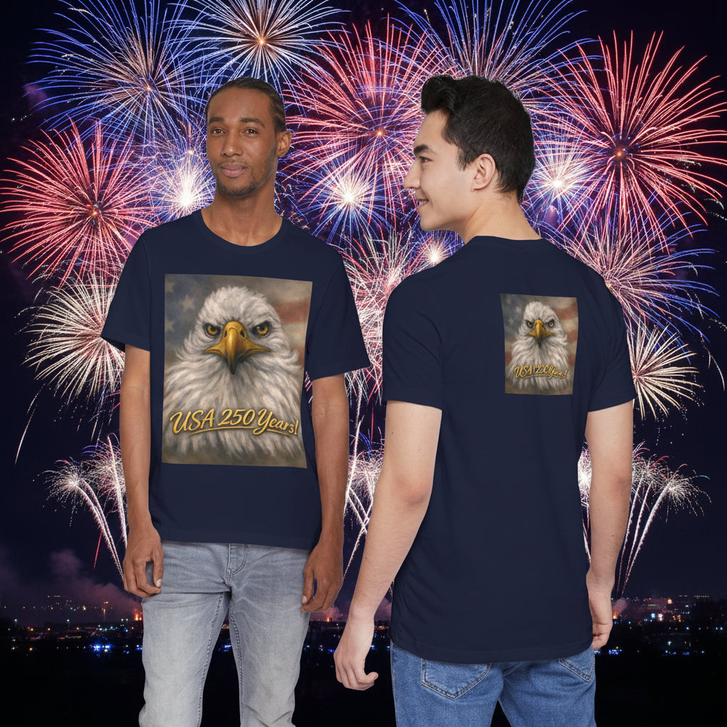 Unisex navy blue t-shirts with an eagle graphic and 'USA 250 Years' text.