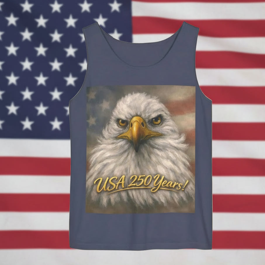 Denim color Tank top with an eagle design and 'USA 250 Years!' text  XS-3XL