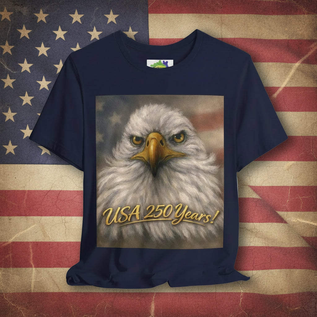 Unisex Navy blue t-shirt with an eagle graphic and 'USA 250 Years!' text on a flag background