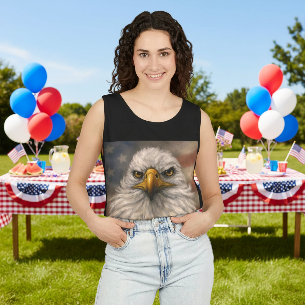 Black tank top with an eagle design to celebrate 4th of July in soft, breathable cotton fabric
