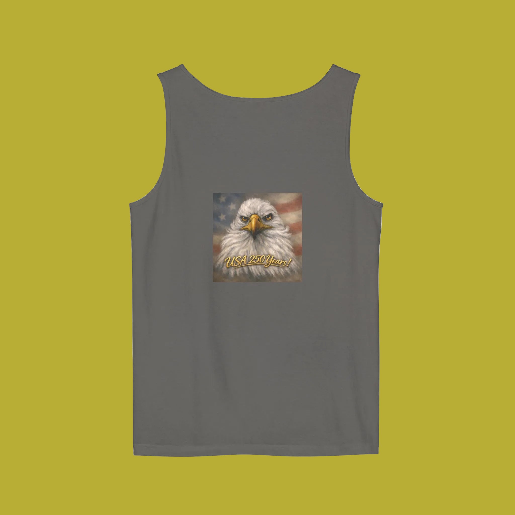 Pepper colored unisex  tank top with an eagle painting and 'USA 2023' 