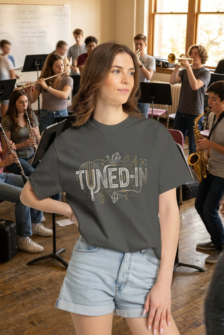 pepper colored unisex tee with Tuned-in graphic - short sleeves, crew neck